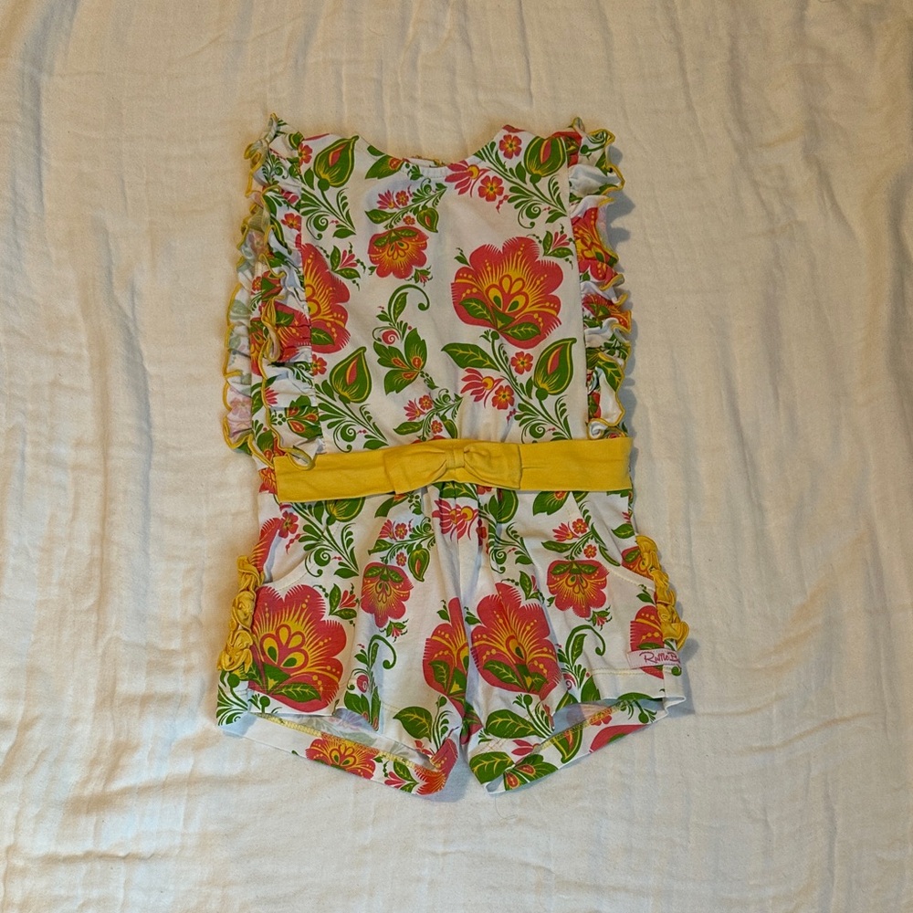Ruffle Butts White Floral Ruffle Romper with Yellow Belt
